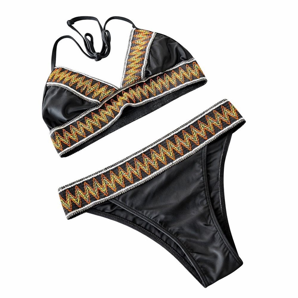 Medium Black Bikini with Multicolor Zigzag Trim NWOT